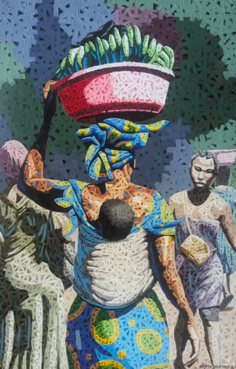 An original acrylic on canvas artwork by Congolese artist Alpha Mukange represented and exhibited by Almasi Art Agency Gallery in Diani Beach
