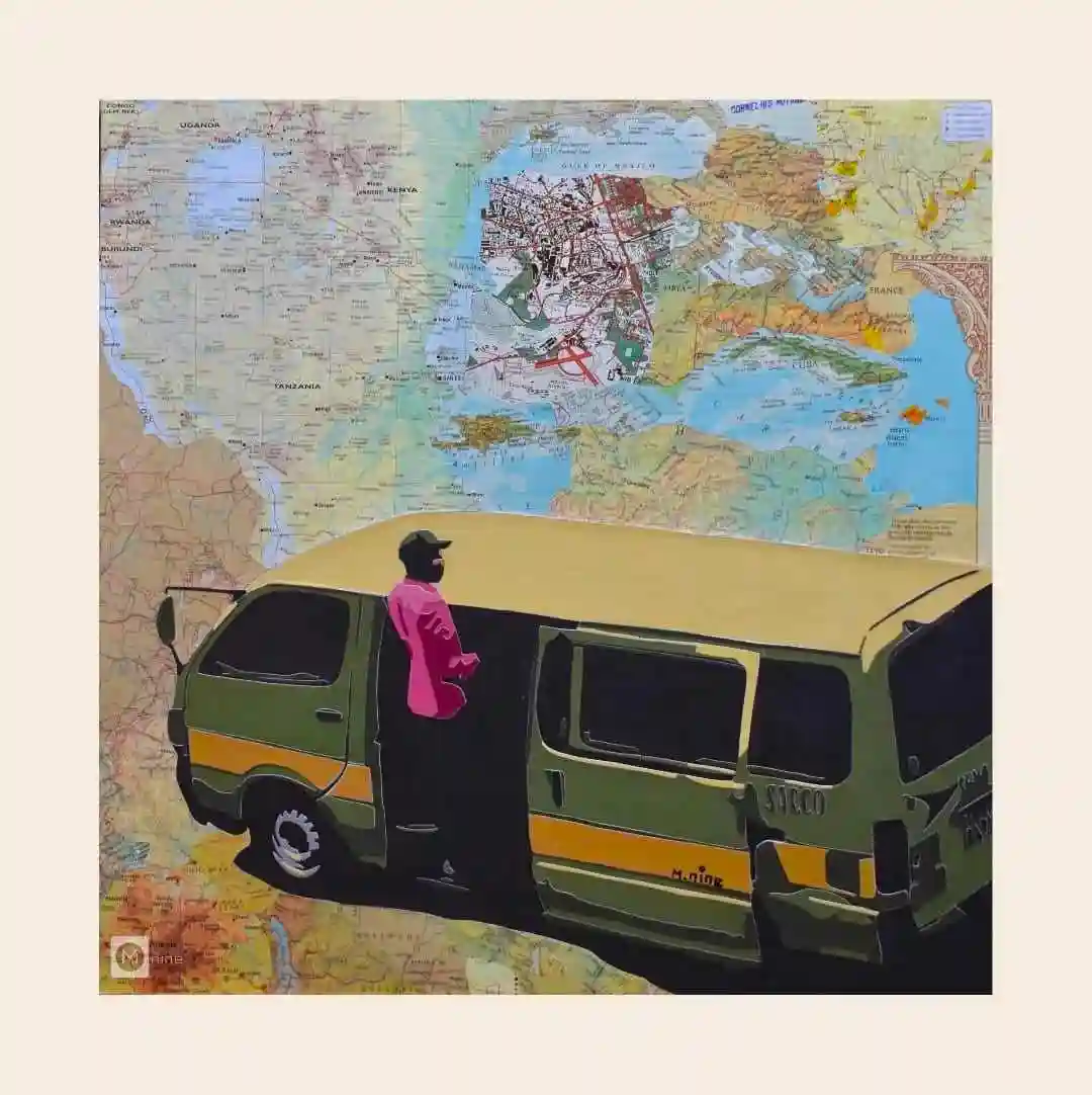 An original paper collage artwork by Kenyan artist Derrick Munene represented and exhibited by Almasi Art Agency Gallery in Diani Beach