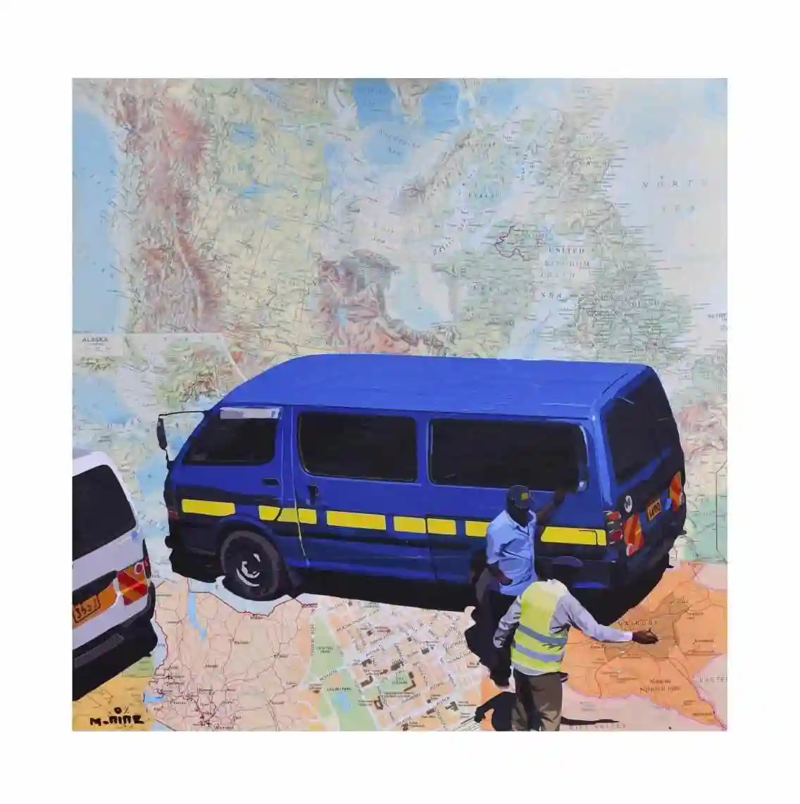 An original paper collage artwork by Kenyan artist Derrick Munene represented and exhibited by Almasi Art Agency Gallery in Diani Beach